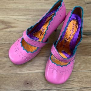 Irregular Choice pink heels w/ turquoise trim